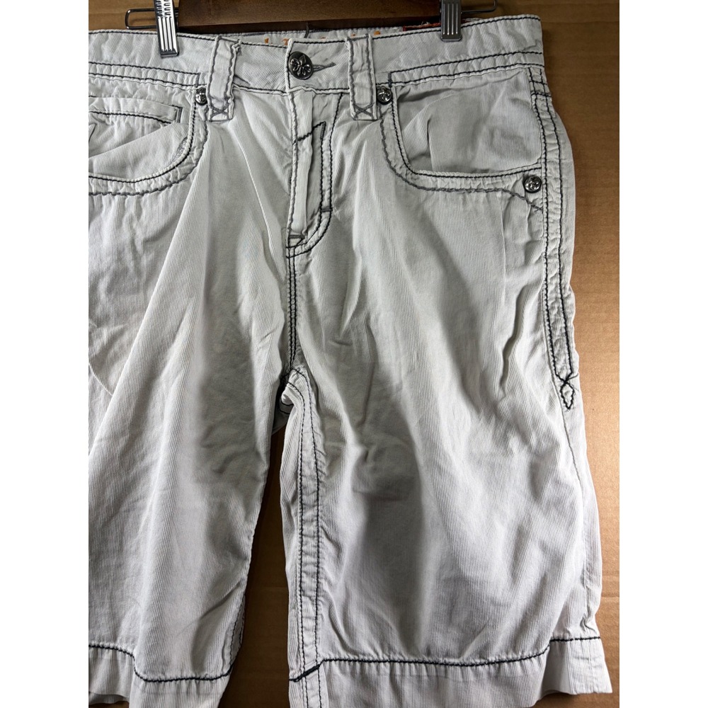 Rock Revival Corduroy Shorts Mens 32 Light Grey Slim Fit Heavy Stit Fleur-De-Lis - Picture 11 of 12